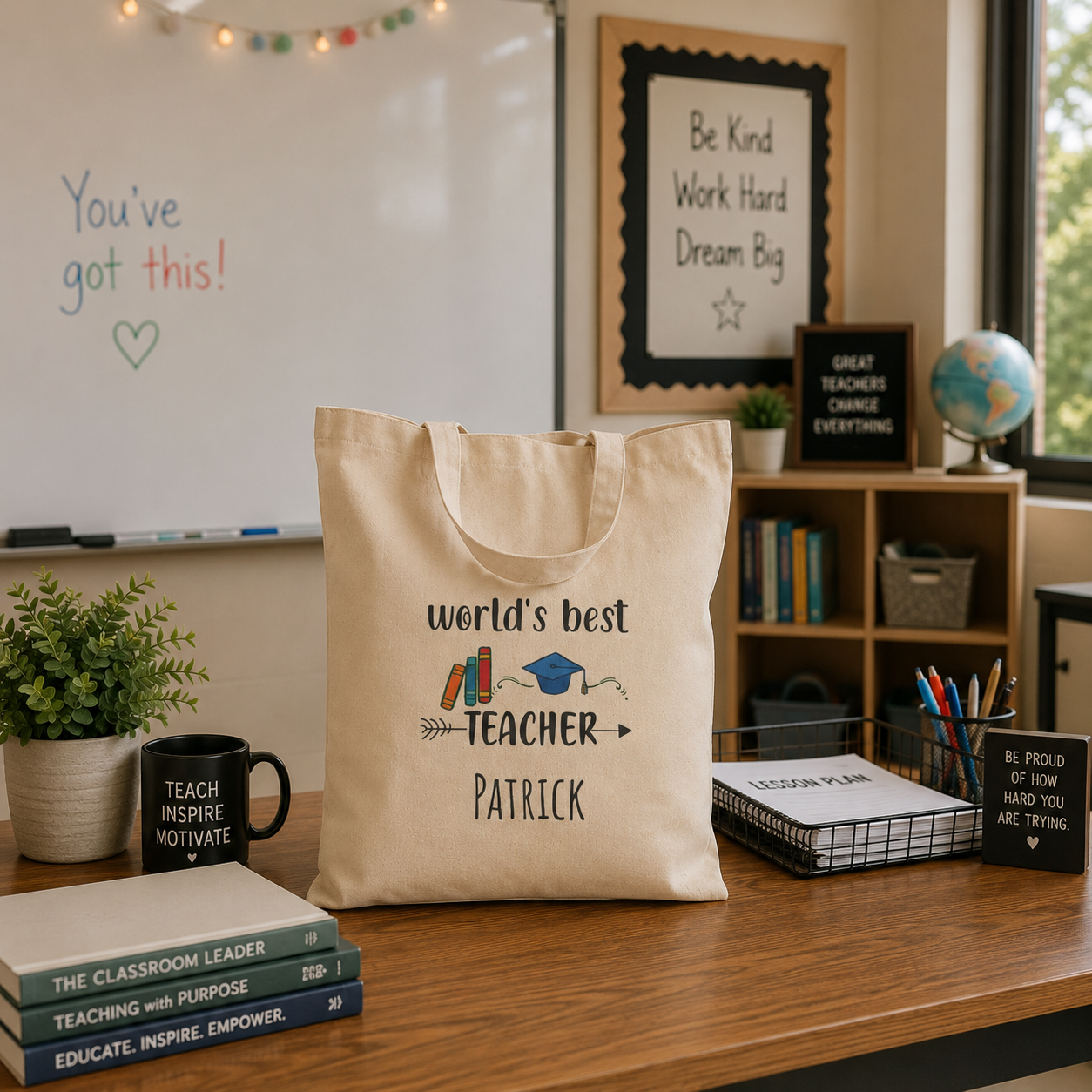 World's Best Teacher personalized tote shown held by the handles