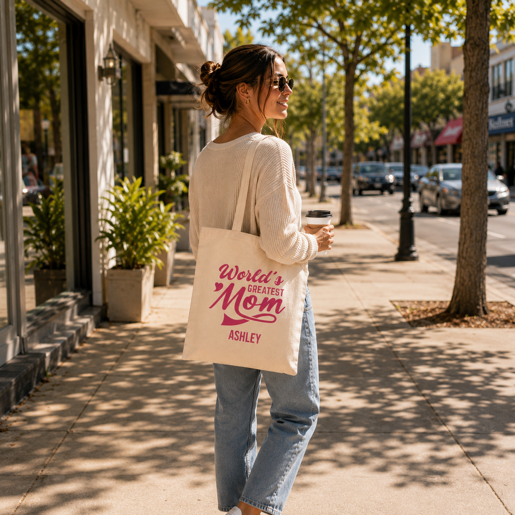 World's Greatest Mom tote design close-up in pink script