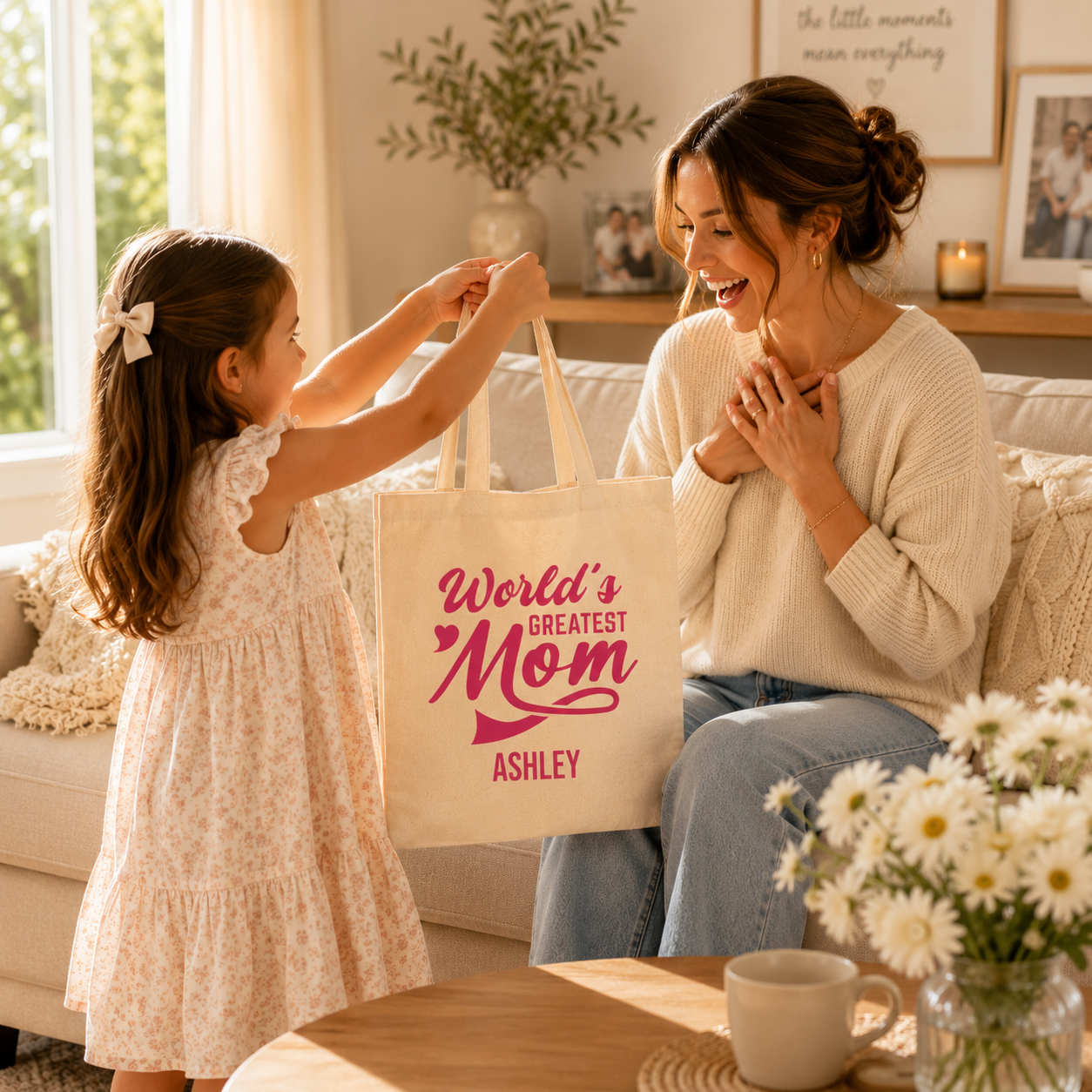 World's Greatest Mom personalized tote shown held by the handles