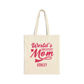 Personalized World's Greatest Mom canvas tote bag with pink lettering and custom name