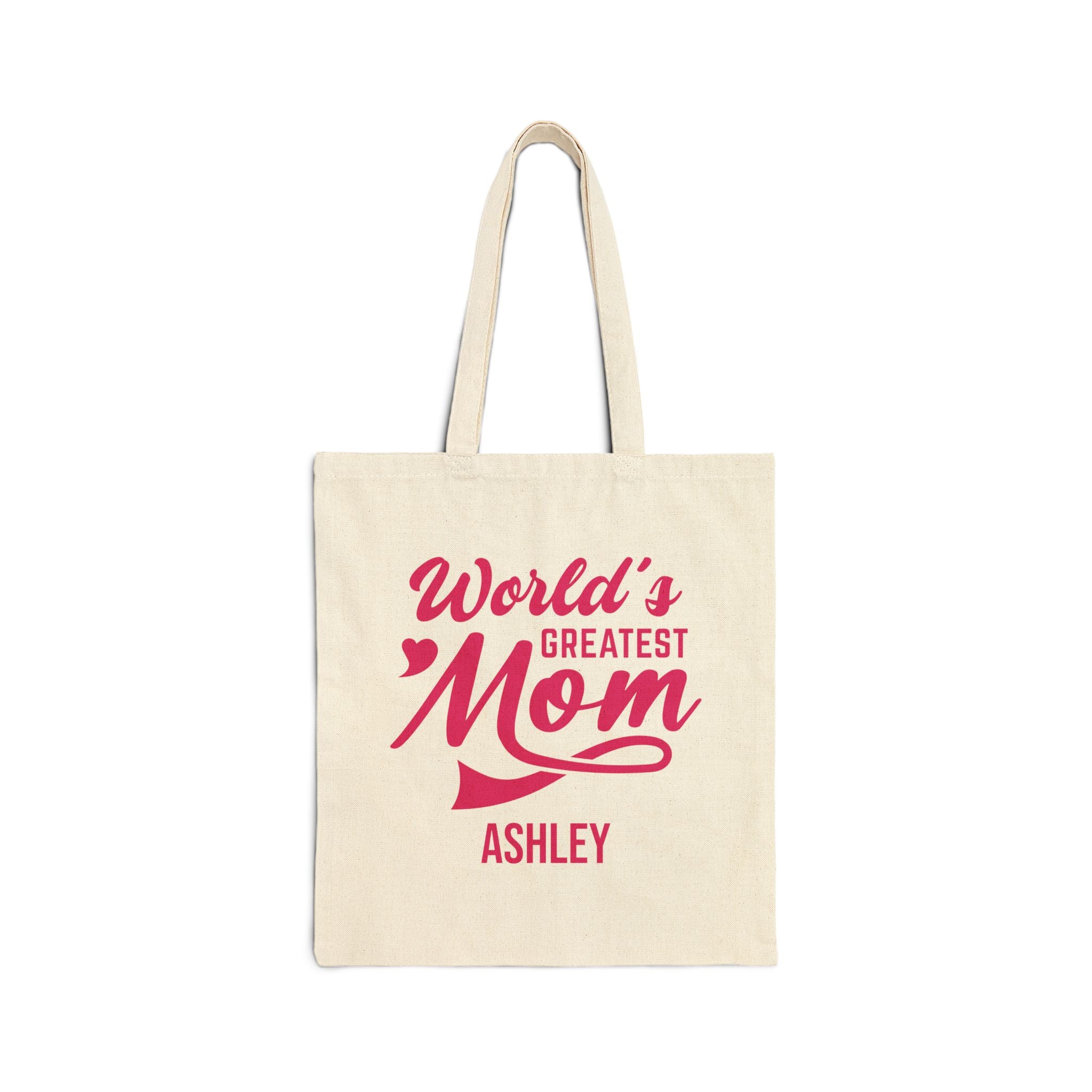 Personalized World's Greatest Mom canvas tote bag with pink lettering and custom name